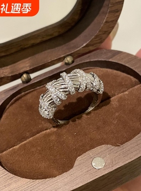 微镶锆石螺纹缠绕开口戒指女复古小众高级感轻奢百搭可调节食指戒