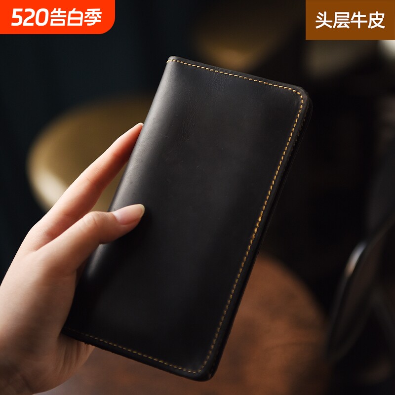 复古疯马皮男士钱包头层牛皮大容量手包真皮长款钱夹拉链手工皮夹