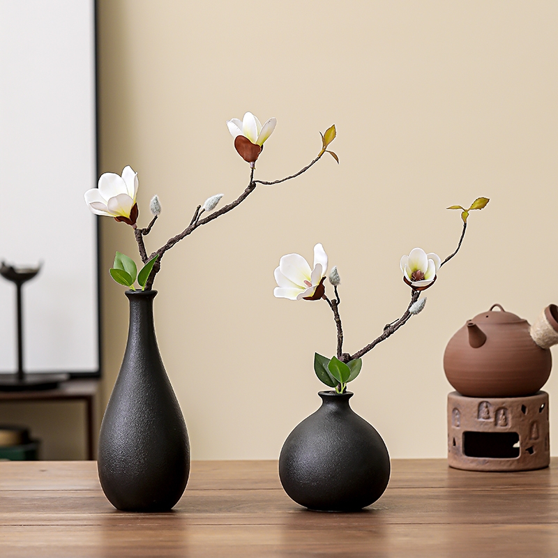 茶几陶瓷桌面花瓶高级感禅意黑色古典花插办公室中式复古装饰摆件
