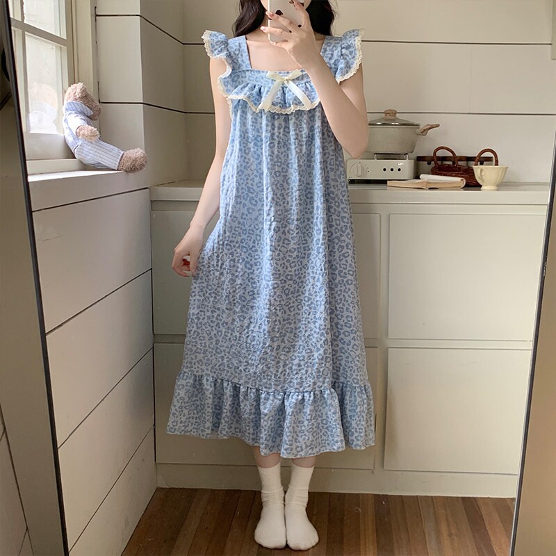 2026新款小飞袖睡裙女款夏季棉绸短袖带胸垫豹纹家居服睡衣薄款