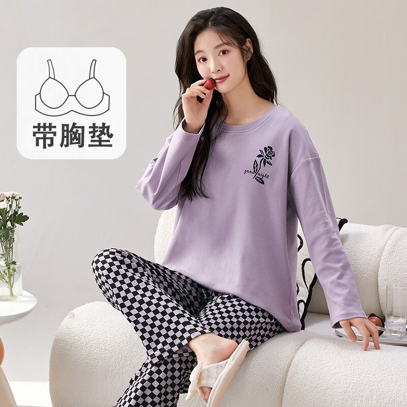 圆领套头睡衣女春秋款带胸垫免穿内衣长袖家居服防凸点可外穿起居