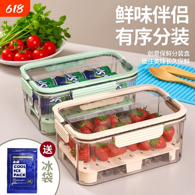 双层大容量手提保鲜盒便携瓜果蔬菜饮料保鲜盒露营冷藏食物密封盒