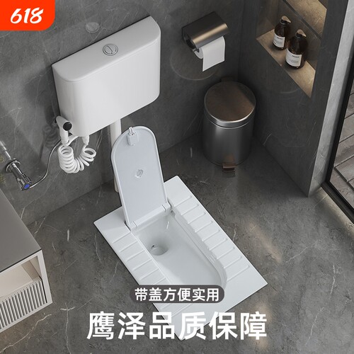鹰泽带盖板蹲便器一体翻盖式蹲厕