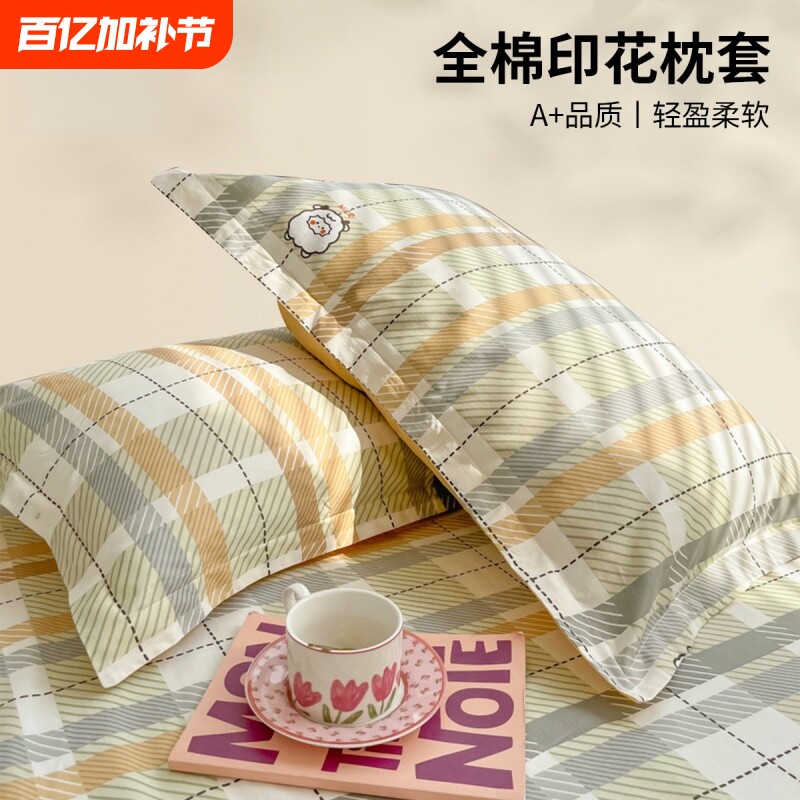 全棉枕套一对装纯棉枕头套儿童家用单人枕芯套48x74cm单个整头套