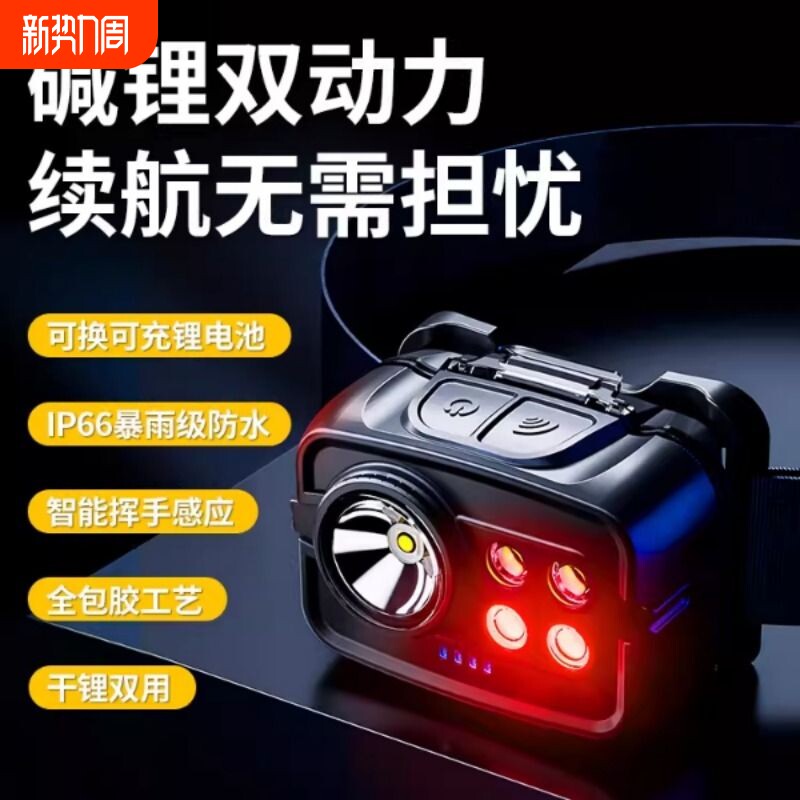 沃尔森强光包胶头灯可换电超亮感应夜钓专用超长续航头戴户外登山