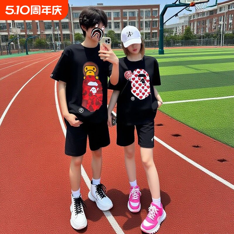夏季BAPE儿童短袖t恤潮牌男女纯棉宽松猿人头SHARKAPE洋