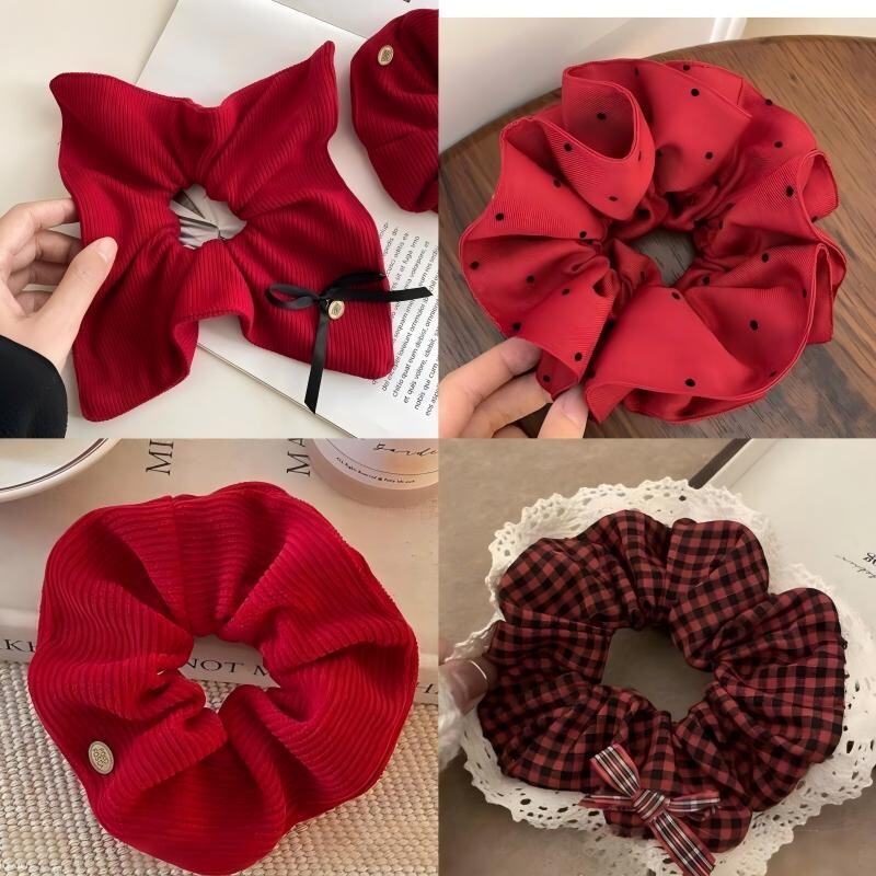 红色方巾大肠发圈女高级感秋冬头绳慵懒风低丸子头发饰蝴蝶结蕾丝