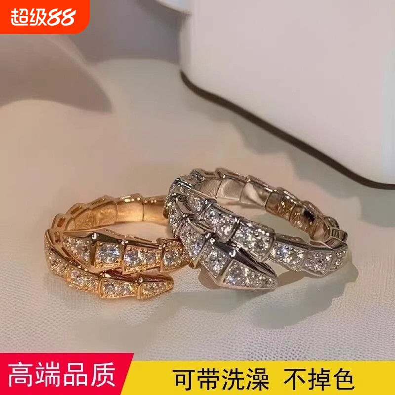 蛇形戒指女莫桑钻指环食指精工求婚戒首饰潮不掉色玫瑰金蛇骨黄金
