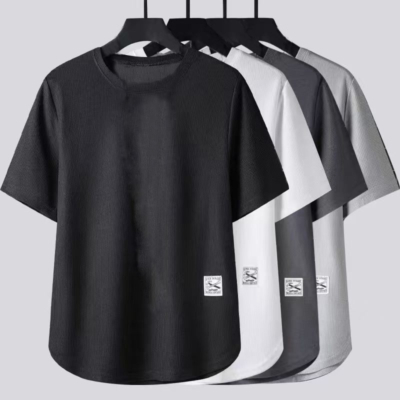 华夫格高档上衣薄款男士短袖t恤潮流宽松大码肥胖圆领半袖五分袖