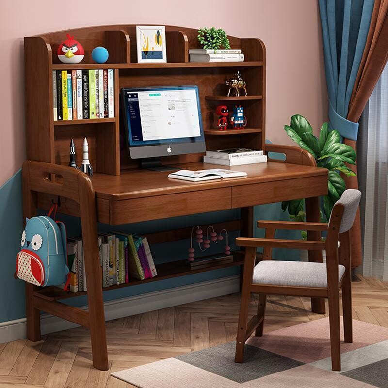 c儿童可升降实木书桌家居卧室写字桌办公桌家用带书架学习桌小学
