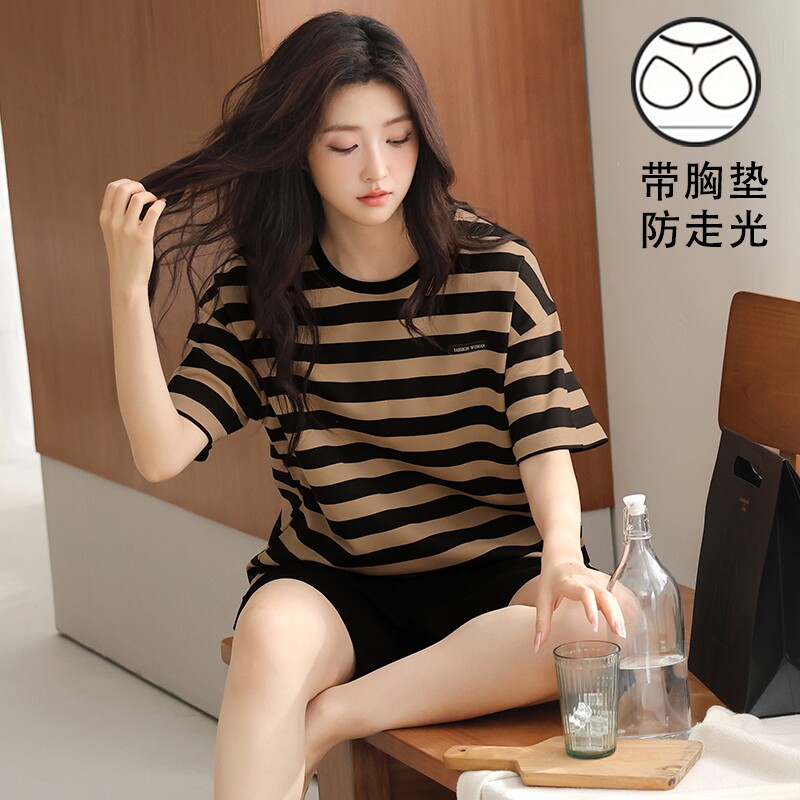 带胸垫一体短裤睡衣女薄款休闲夏季韩版新款可外穿闺蜜家居服套装