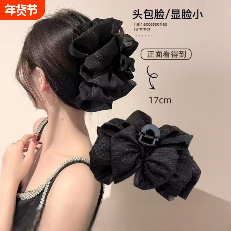泡泡纱女后脑勺发夹泡泡抓夹鲨鱼夹蝴蝶结云朵银丝发卡网纱夹