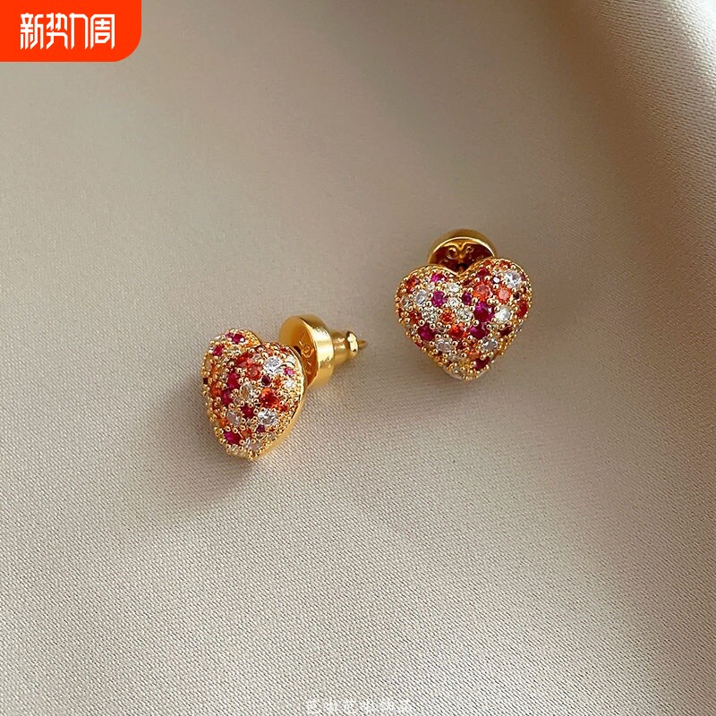 小众紫红色多彩爱心锆石耳钉女耳夹小巧精致时尚气质独特绝美耳环