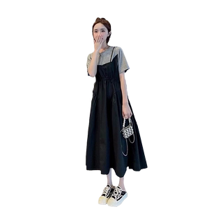 欧货假两件连衣裙女2024夏季新款休闲宽松收腰显瘦小众中长款裙子