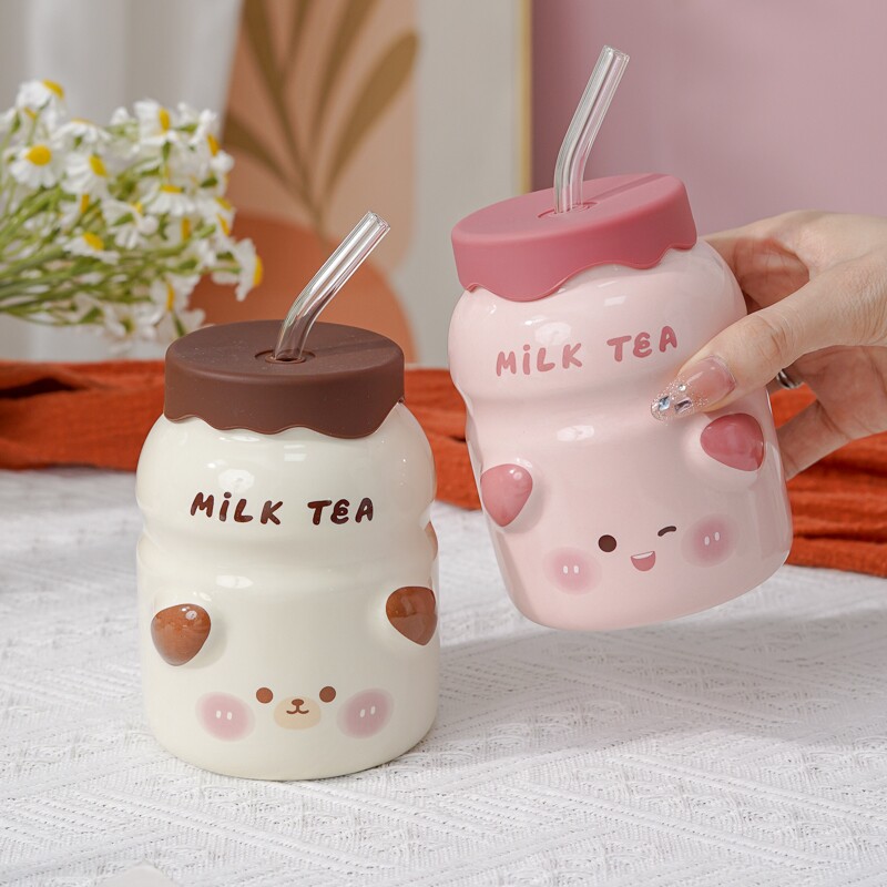 陶瓷酸奶杯儿童粉嫩少女心吸管杯生日礼物带盖水杯可爱大容量学生