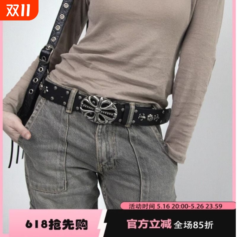 新款CH克罗骷髅雕花复古铆钉皮带男士皮带女士百搭心装饰腰带