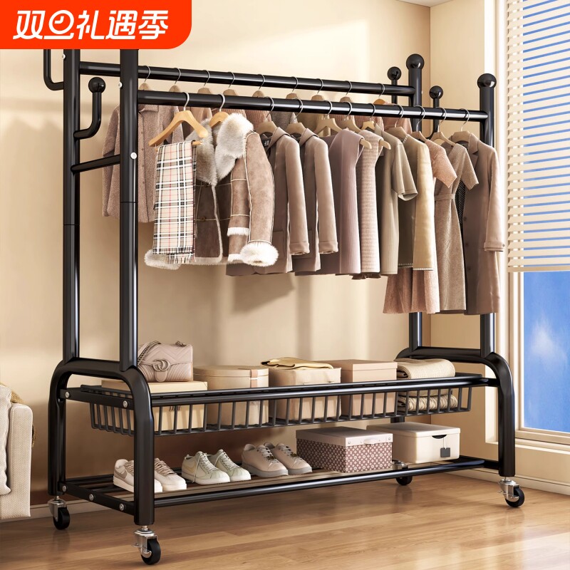 衣帽架落地家用挂衣架宿舍阳台简易晾衣架衣杆架承重收纳双排黑色