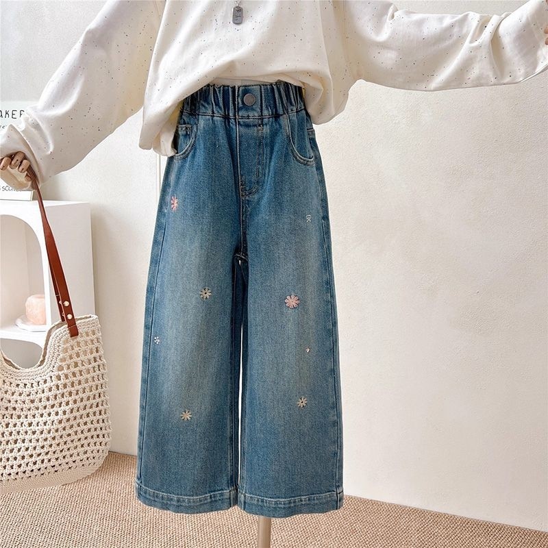 女童刺绣牛仔裤新款直筒宽松儿童阔腿裤中大童裤子松紧腰休闲春秋,童装/婴儿装/亲子装,裤子,淘宝优惠券,粉丝福利购,淘宝优惠卷