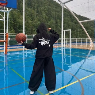 潮牌斯图西Stu卫衣连帽黑八刺绣运动跑步宽松套头上衣秋樱桃帽子