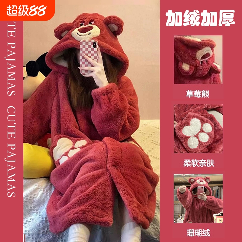珊瑚绒睡衣冬季女秋冬长款草莓熊玉桂狗睡袍学生加绒加厚2025新款