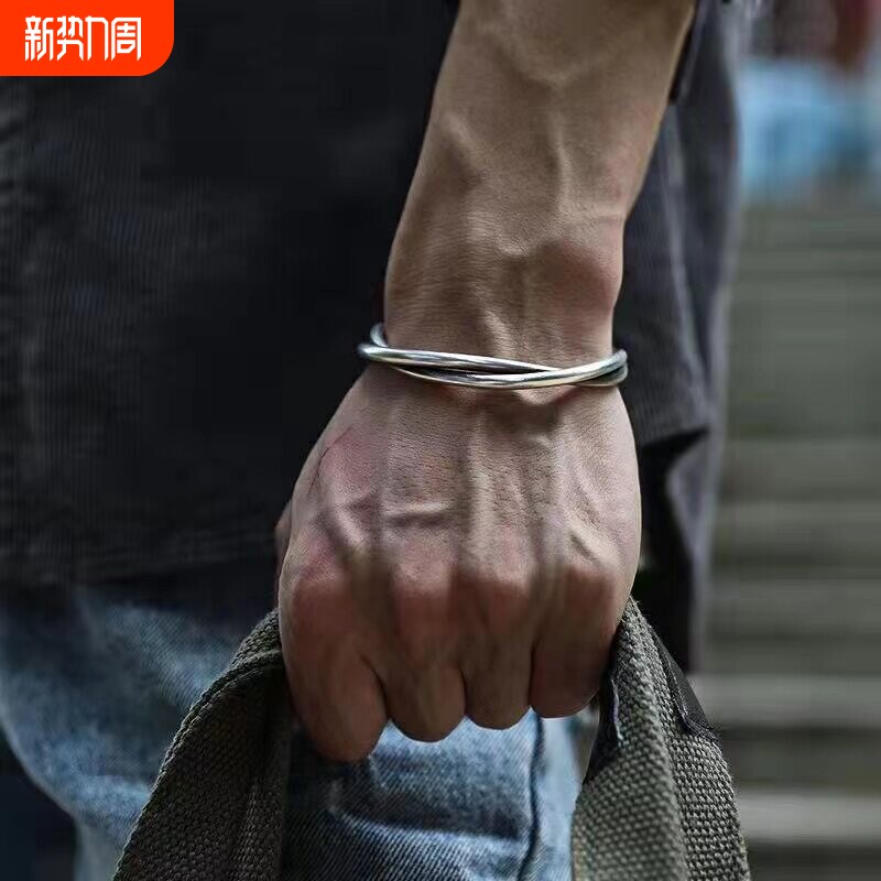 泰国手工扭线手镯男潮复古开口手环原创小众设计男士镀银首饰