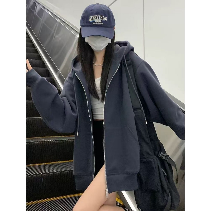卫衣外套连帽女2025新款爆款秋冬季藏蓝色加绒运动开衫拉链上衣
