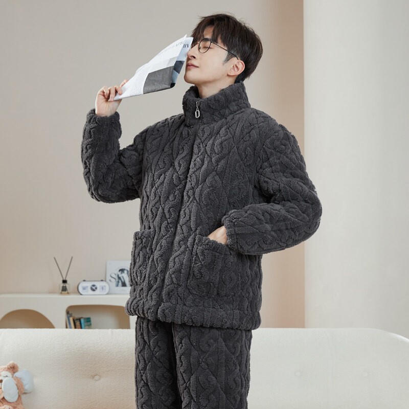 红豆冬季三层夹棉男士珊瑚绒睡衣加厚加绒保暖可外穿法兰绒家居服