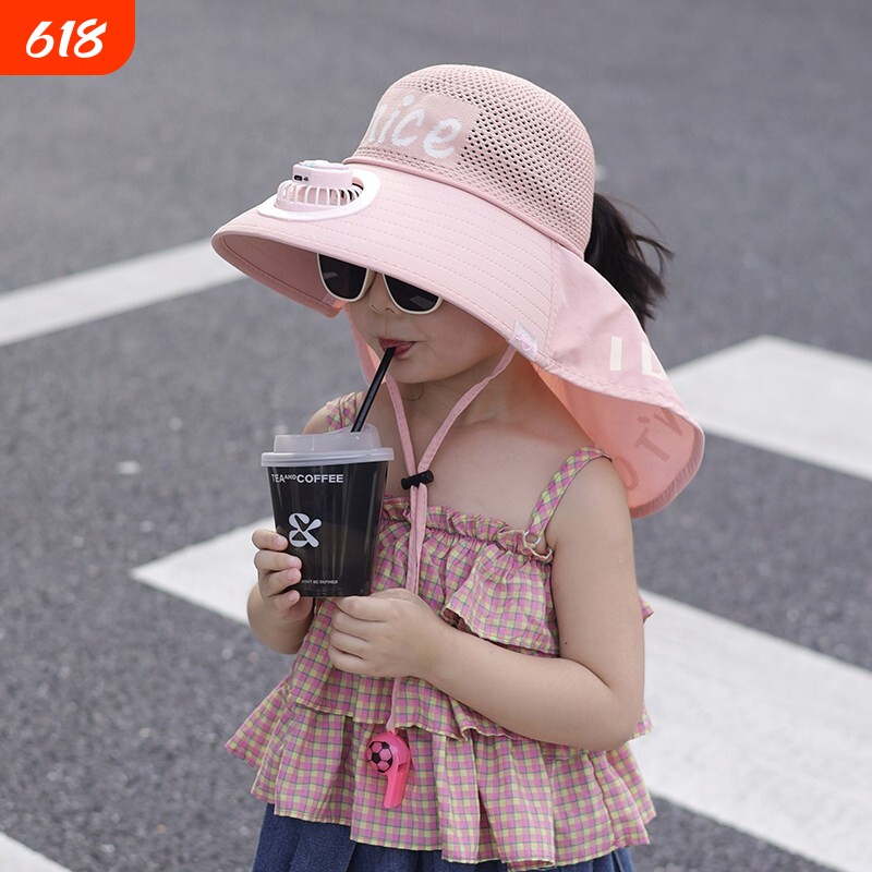儿童防晒帽遮阳风扇帽夏天男孩nice字母女孩太阳帽户外大檐披肩帽