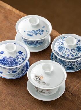 羊脂玉旋转悬停三才盖碗茶杯白瓷泡茶碗大号家用酒店功夫茶具马蹄