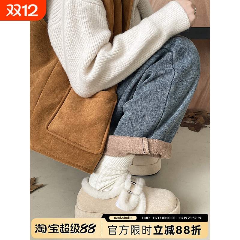 白色加绒加厚厚底棉鞋女款2025新款冬季增高保暖毛毛勃肯雪地靴子