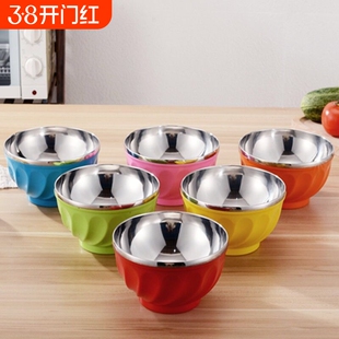 买一送一塑料碗不锈钢家用成人大号双层隔热烫防摔儿童彩色食堂碗
