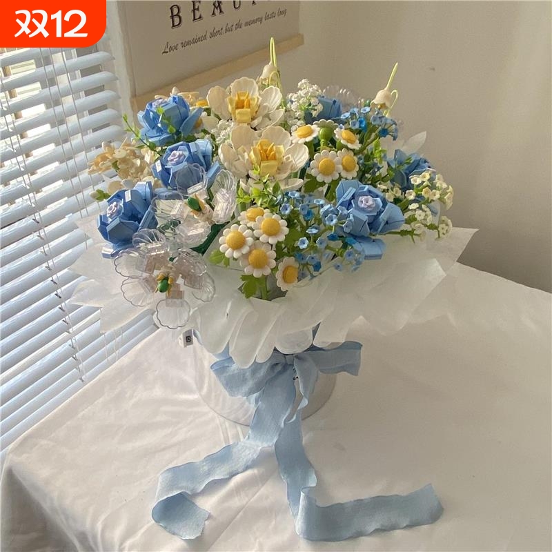 中国积木花束永生玫瑰花束拼装玩具真花女生系列送女孩节兼容乐高