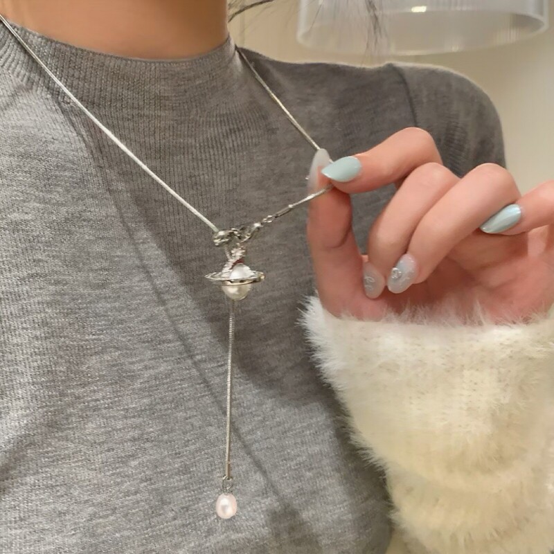 淡水珍珠星球土星抽拉项链女款百搭时尚可调节蛇骨链高级感卫衣链