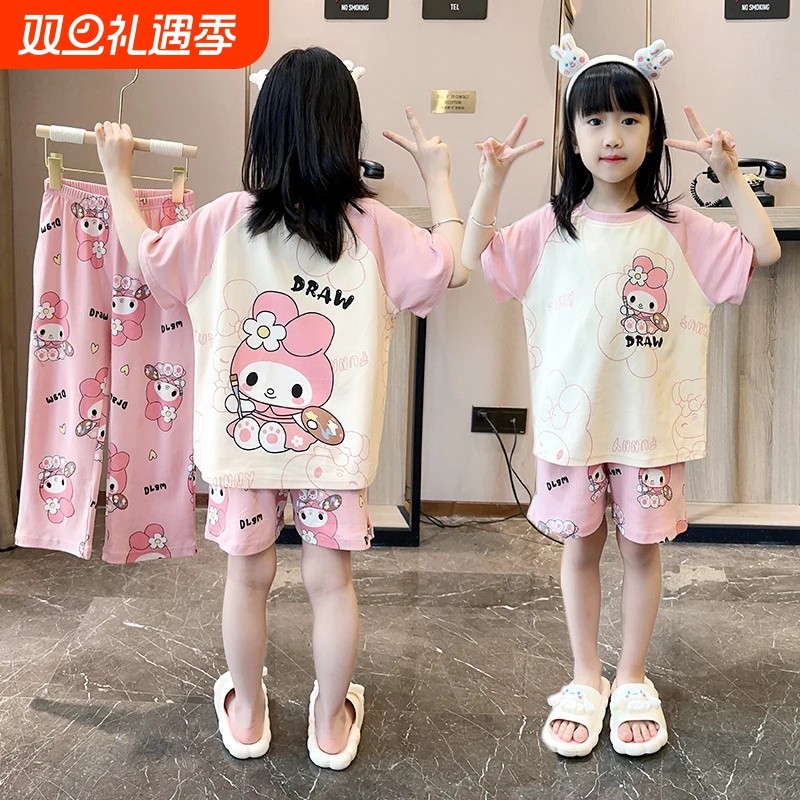 儿童女童睡衣夏季小女孩中大童短袖母女亲子家居套装2025新款薄款