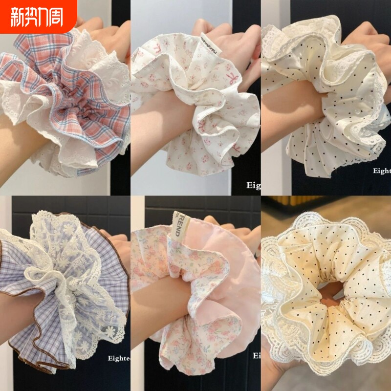 韩系蕾丝边大肠圈2026新款发圈洋气头圈发绳女粉色蓝色蝴蝶结双层