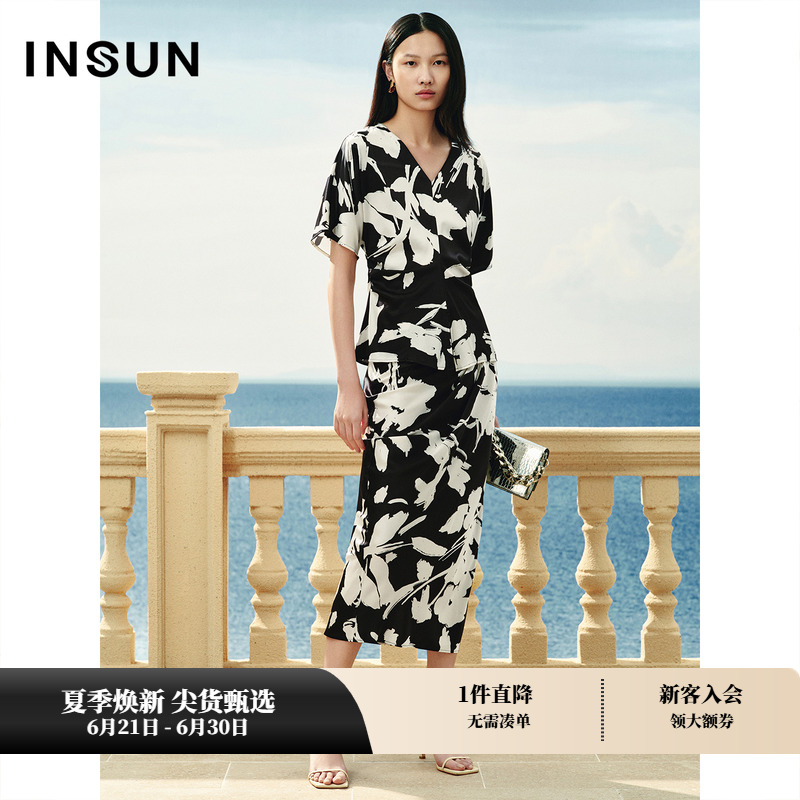 【桑蚕丝】INSUN恩裳专选夏季V领捏褶印花桑蚕丝衬衣