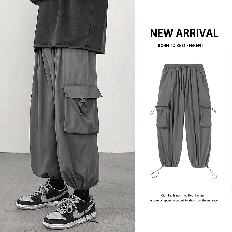 Hong Kong Style overalls men's Multi Pocket drawstring straight Pants Large pants