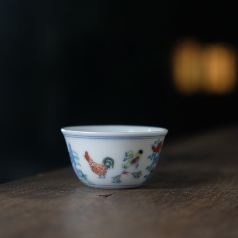 匋甄纯手工手绘斗彩小鸡缸杯小酒茶杯