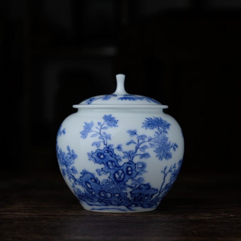 纯手工手绘青花淡描菊纹茶叶罐景德镇传统陶瓷茶仓小号
