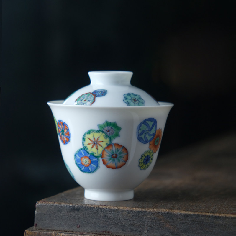纯手工手绘斗彩皮球花二才盖碗单个茶具景德镇陶瓷茶碗小号泡茶碗