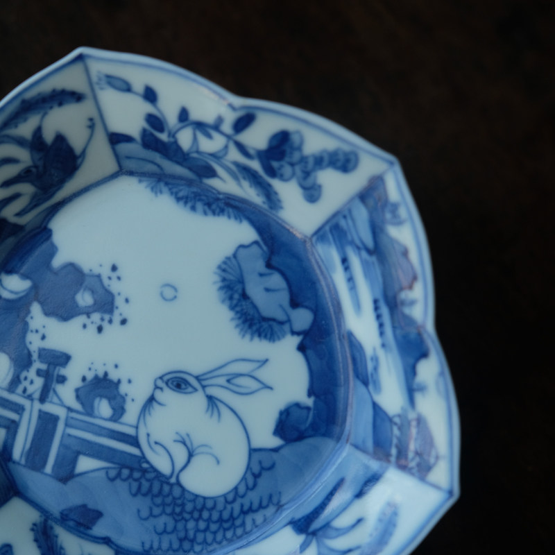 纯手绘仿康熙外销青花花口花鸟兔纹花口一杯一碟景德镇陶瓷套杯