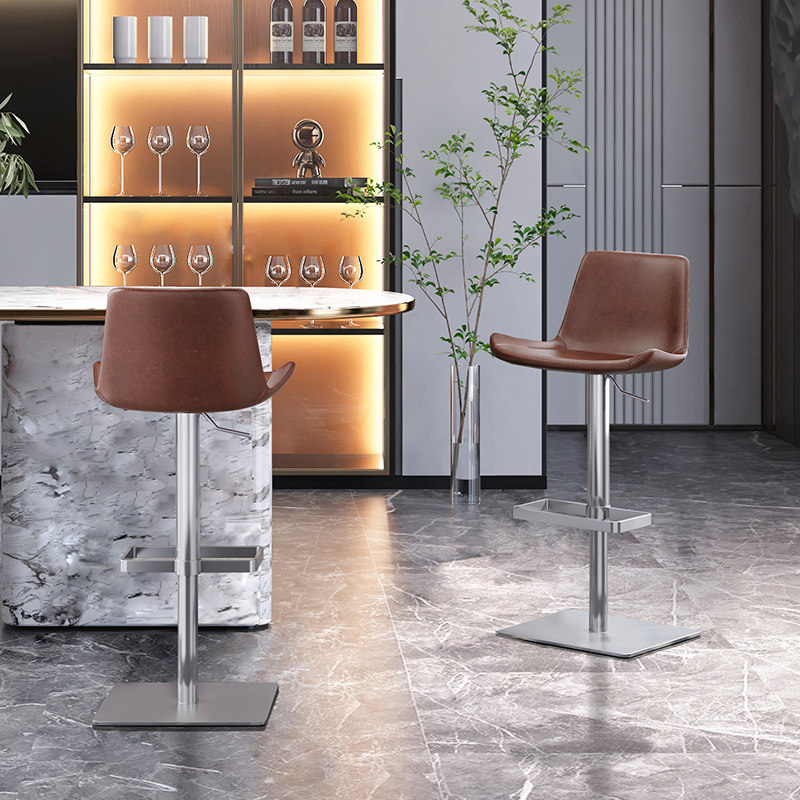吧台椅子现代简约轻奢牛皮真皮家用高脚凳子升降靠背欧不锈钢735