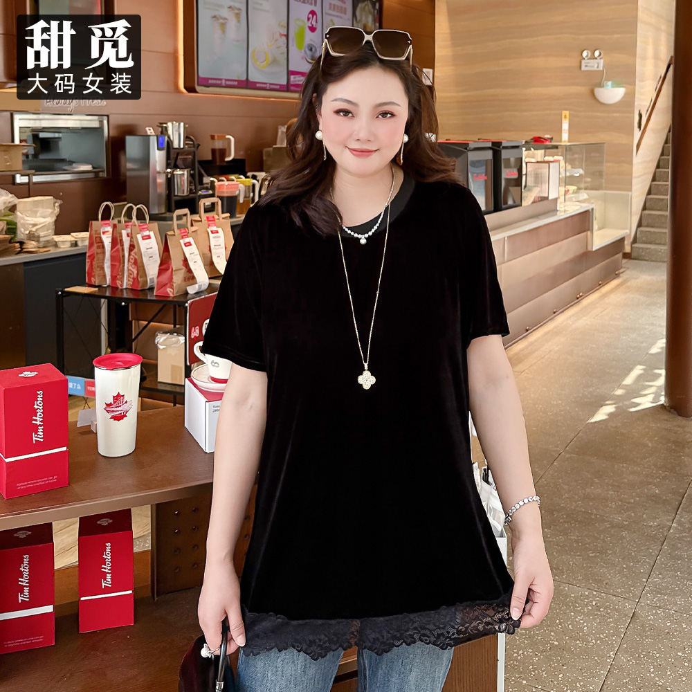 甜觅特大码女装2025夏装胖mm300斤淑女蕾丝拼接中长款丝绒上衣
