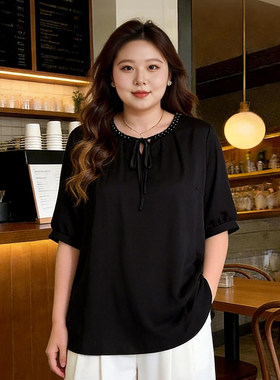 甜觅特大码女装夏装胖mm300斤重工钉珠系带蝴蝶结中长款宽松上衣