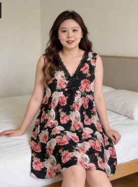 甜觅特大码女装夏装胖mm300斤淑女蕾丝拼接背心针织睡衣V领连衣裙