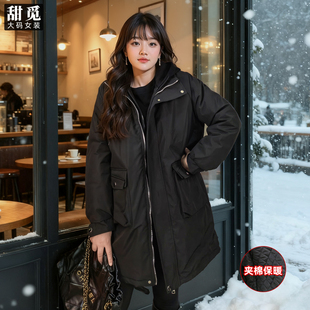 胖mm300斤休闲百搭保暖夹棉风衣衣中长款 2冬装 棉衣 女装 甜觅特大码