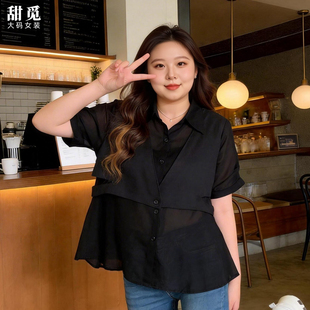 女装 衬衫 夏装 中长款 胖mm300斤胖妹妹宽松假两件马甲 甜觅特大码