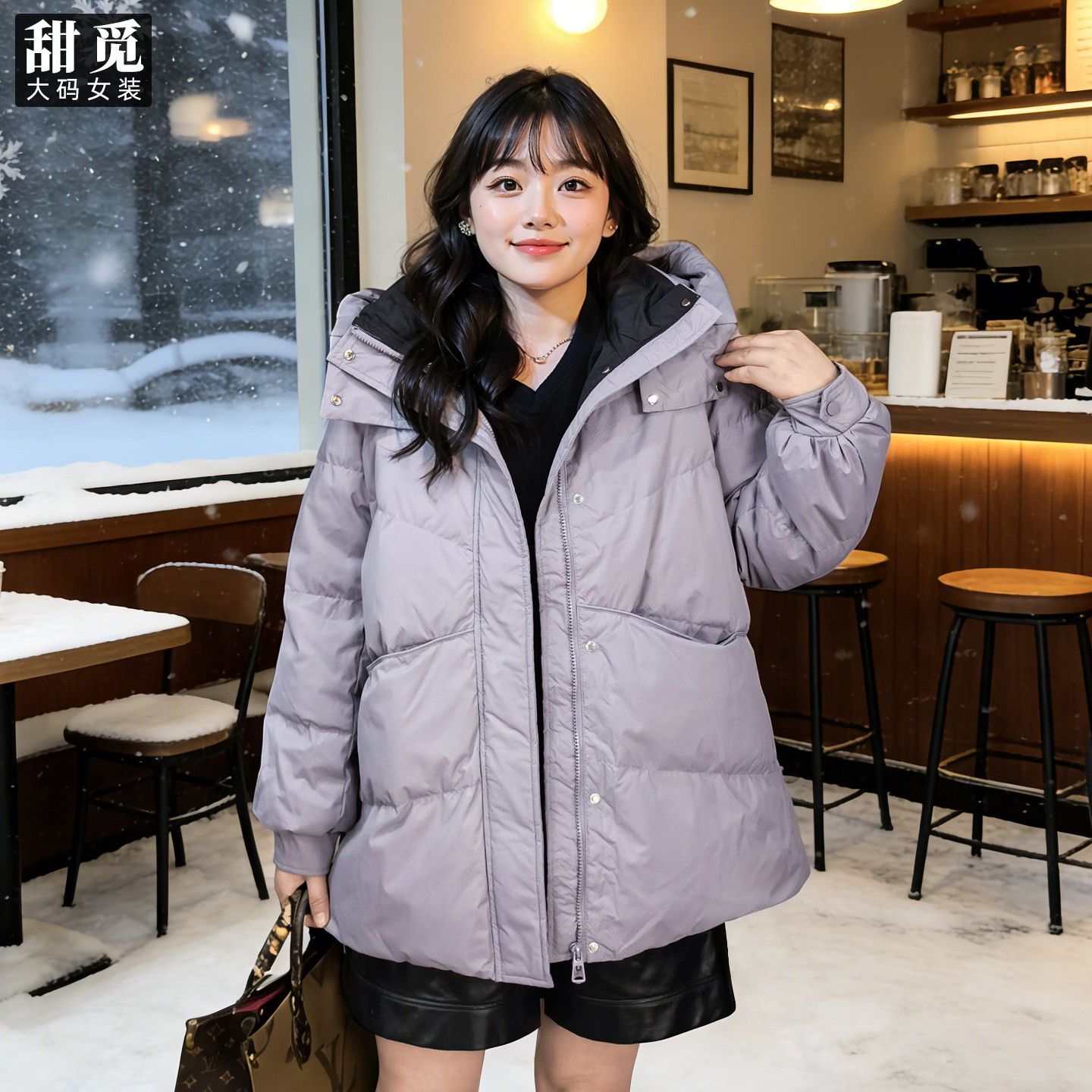 甜觅特大码女装冬装胖mm270斤时尚双拼色90白鸭绒连帽保暖羽绒服