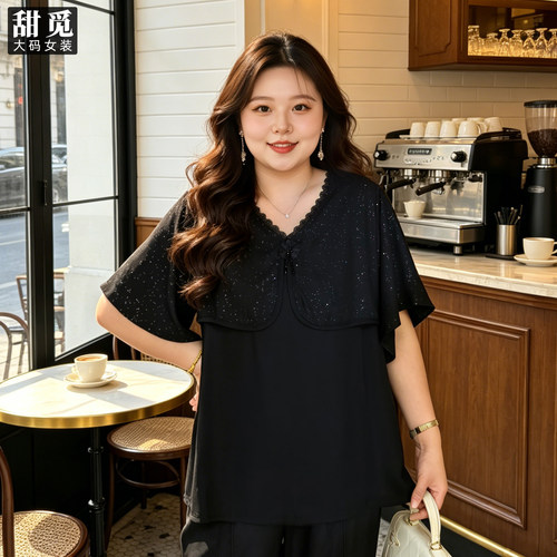 甜觅特大码女装夏装胖mm300斤淑女气质闪银立体花中长款V领上衣