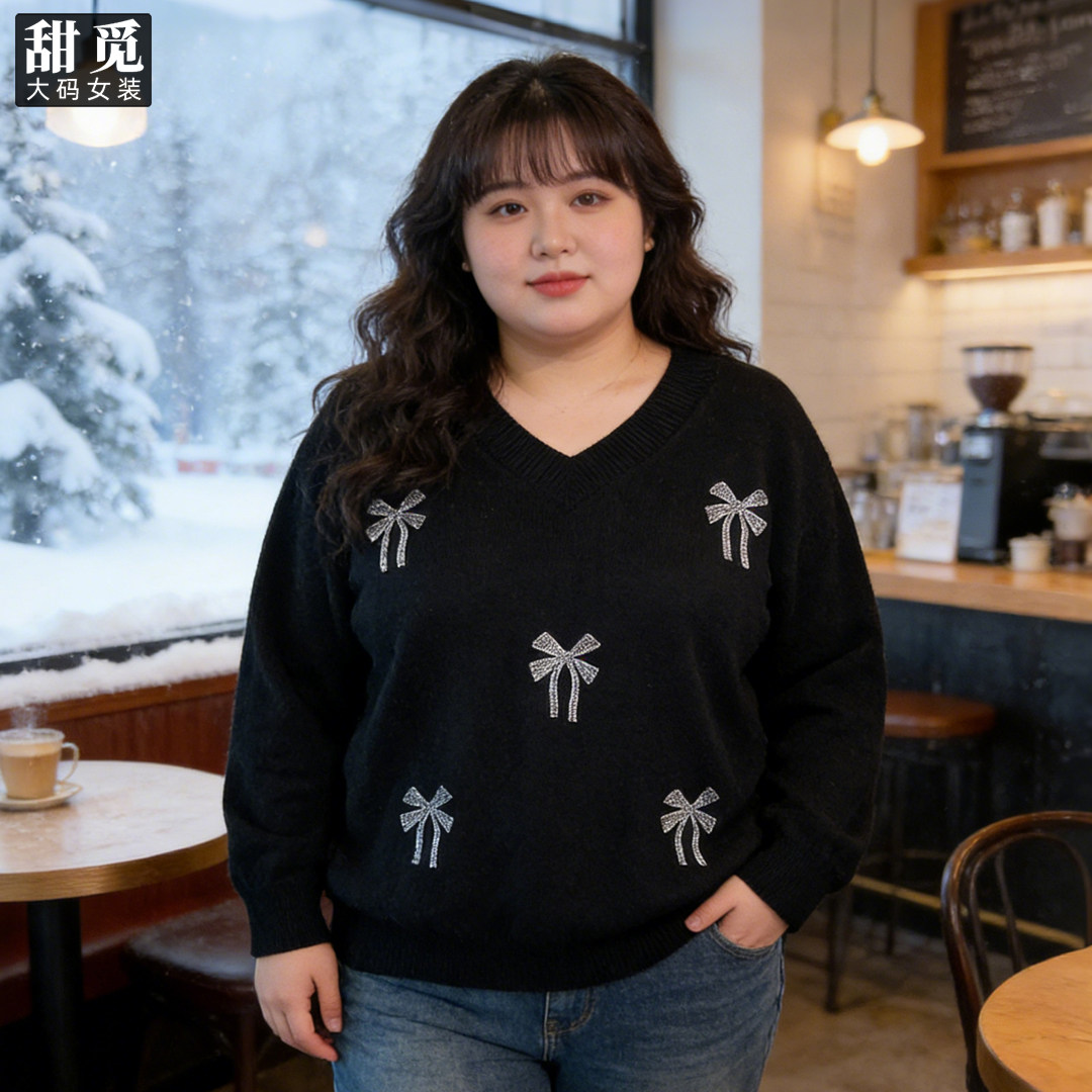 甜觅特大码女装冬装胖mm300斤洋气精致蝴蝶结烫钻显瘦V领保暖毛衣,女装/女士精品,大码内搭,淘宝优惠券,粉丝福利购,淘宝优惠卷